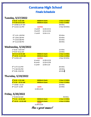 CHS Finals Schedule